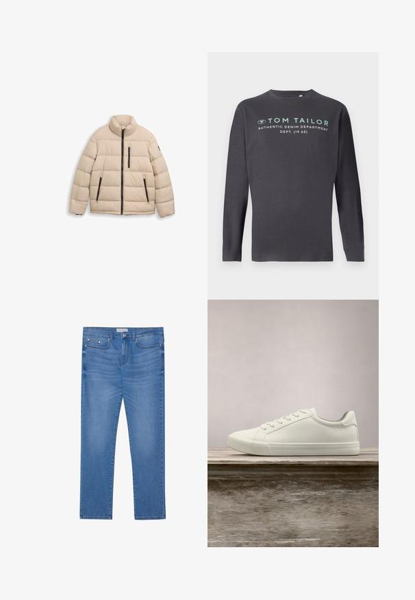 TOM TAILOR SPORTY PUFFER - Vinterjakker - light cashmere; TOM TAILOR PRINTED - Langærmet T-shirt - tarmac grey; Lyseblå denimjeans med lige ben, femlommes design, subtil falming og metalbeslag ved taljen og lommerne.; Hvide snørresneakers svævende over en træbænk med grønne planter i baggrunden, der fremhæver skodesign og tekstur.