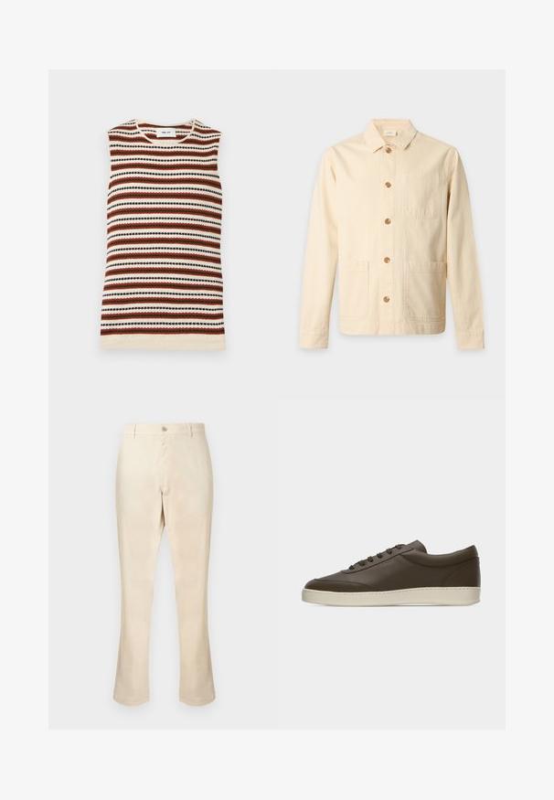 Veste beige crème à manches longues, boutonnée, avec col et trois poches avant sur fond gris clair.; Top sans manches en maille avec des rayures horizontales crème, rouille, vert olive et noir, avec un col rond.; Pantalon beige en tissu lisse, présentant une coupe droite, une fermeture à boutons sur le devant, sans motifs ni accents visibles.; Baskets basses en cuir marron foncé avec lacets sur le devant et semelle en caoutchouc couleur crème, vues de côté extérieur sur fond blanc.