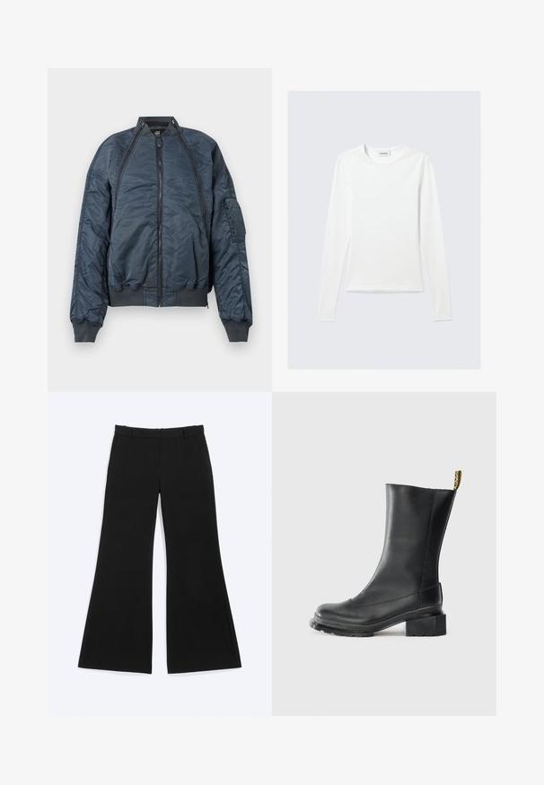 Marineblauwe bomberjack met een ritssluiting aan de voorkant, elastische manchetten en zoom, en een zijzak. Gemaakt van een glanzend, lichtgewicht materiaal.; Effen wit shirt met lange mouwen en ronde hals, slim fit, afgebeeld tegen een lichtgrijze achtergrond.; Zwarte broek met wijde pijpen, riemlussen en zijzakken, plat weergegeven op een witte achtergrond.; Zwarte leren enkellaars met een blokhak, gladde textuur, ronde neus en een haklus met gele branding.