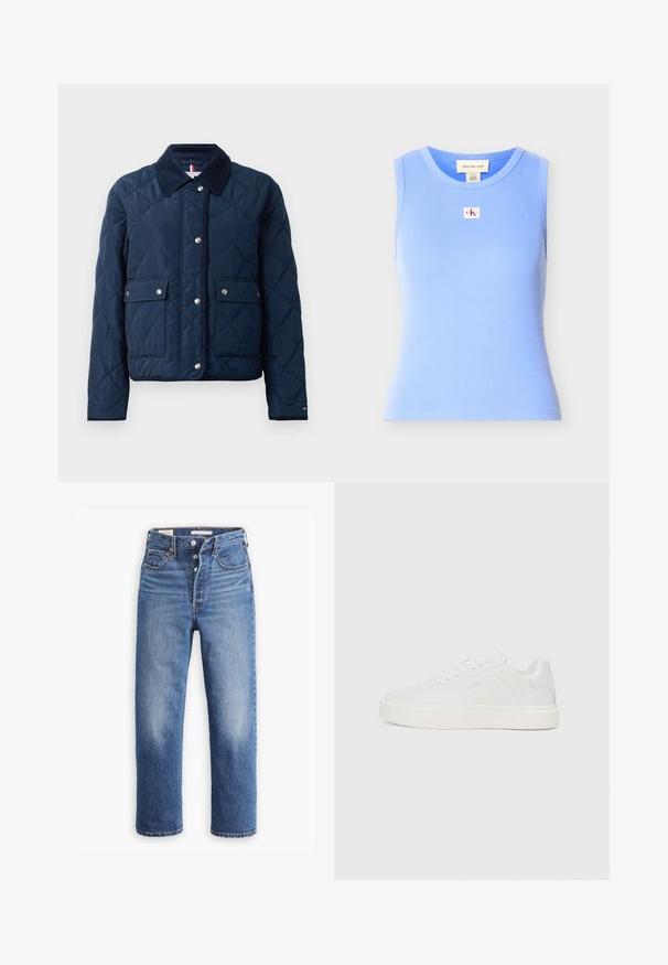 Marineblauwe gewatteerde jas met een corduroy kraag en drukknopen sluiting. Voorzien van twee voorzakken en subtiele stikseldetails overal.; Mouwloze lichtblauwe geribbelde tanktop met ronde hals en een kleine Calvin Klein Jeans logo patch in het midden van de borst.; Blauwe denim jeans met een hoge taille, rechte pijpen en vervaagde delen. Voorzien van voorzakken en metalen details.; Witte lage sneakers met een platte zool, glad bovenwerk van synthetisch materiaal, ronde neus en ton-sur-ton stiksels. Voorzien van vetersluiting en zijbranding.