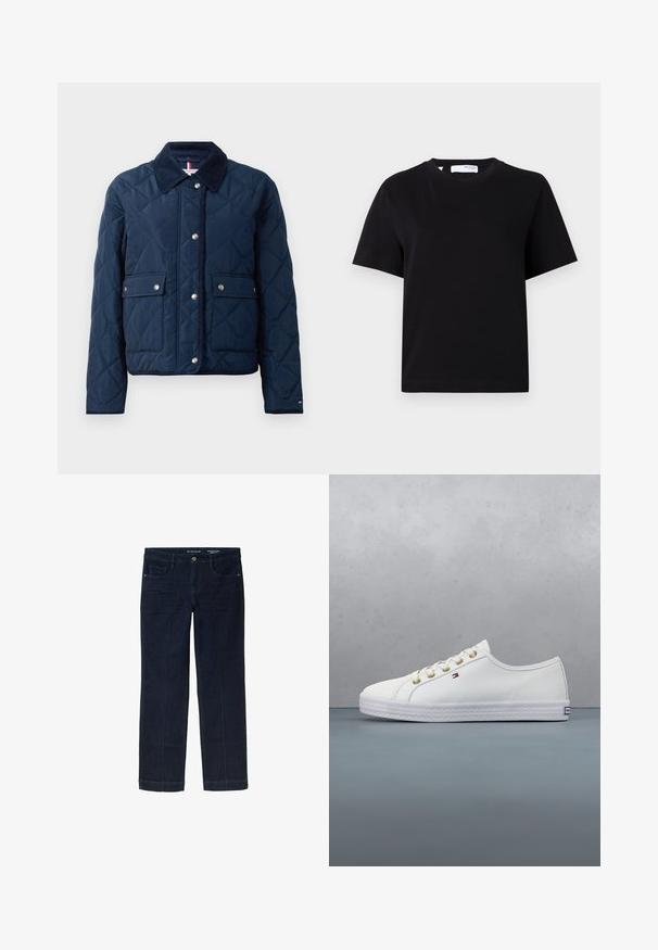 Marineblå quilted jakke med kordfløjlskrave og trykknaplukning. Har to frontlommer og diskrete stikninger overalt.; Simpel sort t-shirt med korte ærmer, rund hals, afslappet pasform og lille nakkemærke.; Mørkeblå denimjeans med lige ben-design, der har forlommer og kontrasterende gule syninger langs sømmene.; Hvid kanvas sneaker med guld øjer, flade snørebånd, tekstureret gummisål og minimal branding på siden. Lavprofil design.