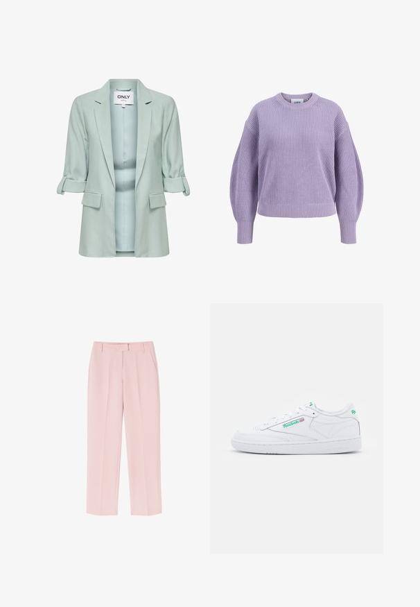 Lyseblå blazer med opsmøgede ærmer, forlommer med klap og åben krave, med et mærke fra "ONLY" indeni nakken.; Lilla lilla strikket sweater med ballonærmer, ribbede manchetter, kant og rund hals, vist på hvid baggrund.; Lyserøde bukser med skræddersyet design, der har to sidelommer, en glat tekstur og folder foran for ekstra detalje.; Hvide lædersneakers med polstret krave, rund tå, perforerede detaljer, flade snørebånd og grønne accenter på branding og hæl. Gummiydersål.