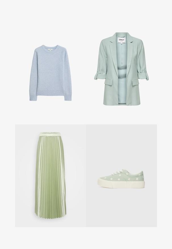 Blazer azul claro con mangas remangadas, bolsillos delanteros con solapa y cuello abierto, con etiqueta de la marca "ONLY" en el interior del cuello.; Suéter de punto de canalé azul claro con escote redondo, hombros caídos y dobladillo y puños de canalé. Textura suave y corte relajado.; Falda plisada en satén verde claro con una cinturilla ancha y plisados verticales, que crean una silueta suave y fluida.; Zapatillas de lona verdes con bordado de margaritas blancas, cordones blancos y una gruesa suela de goma blanca. Punta redondeada y suela texturizada para mayor agarre.