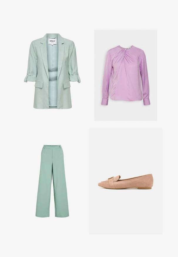 Lichtblauwe blazer met opgerolde mouwen, voorflapzakken en een open kraag, met een "ONLY" merklabel binnenin de halslijn.; Twist & Tango BRENDA BLOUSE - Blouse - lilac; Mintgroene wijde broek met een gladde stof, elastische tailleband, nepzakken aan de voorkant en een op maat gemaakte ontwerp voor een ontspannen pasvorm.; Lichtroze suède ballerina's met een spitse neus, voorzien van een omslagdetail en een goudkleurige gesp als accent. Lage, platte zool. Gladde textuur.