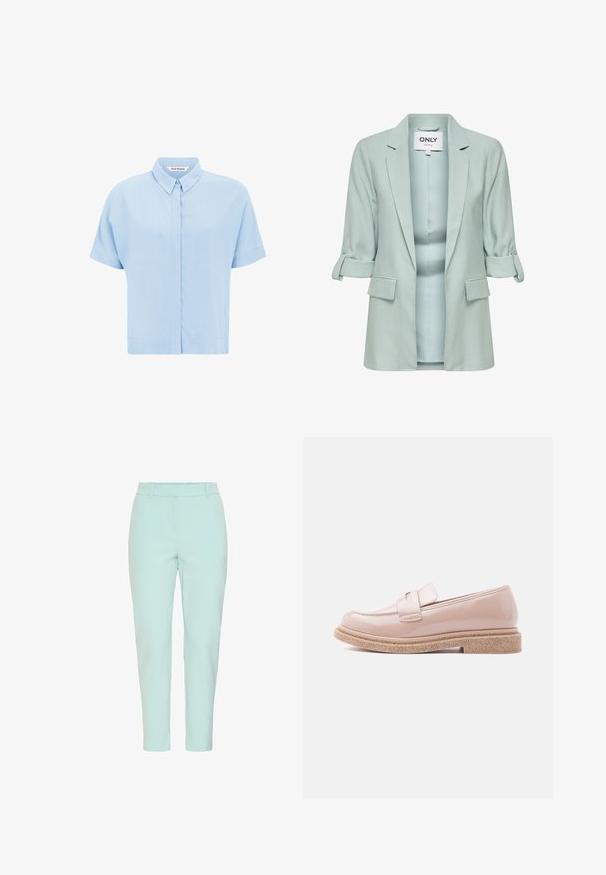 Blazer azul claro con mangas remangadas, bolsillos delanteros con solapa y cuello abierto, con etiqueta de la marca "ONLY" en el interior del cuello.; Camisa de manga corta azul claro hecha de una tela suave, con un cierre de botones en la parte delantera y un cuello clásico. Textura lisa y corte relajado.; Pantalones de corte ajustado en verde menta claro, con una textura suave y sin elementos metálicos ni patrones visibles.; Mocasín rosa pálido brillante con una suela texturizada en tono beige y una correa a juego sobre la parte superior, mostrado de perfil sobre un fondo claro.