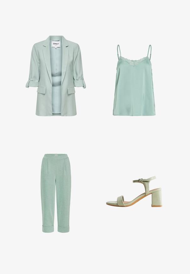 Lyseblå blazer med opsmøgede ærmer, forlommer med klap og åben krave, med et mærke fra "ONLY" indeni nakken.; Lysegrøn satin camisole med tynde justerbare stropper og blonder langs V-udskæringen, vist på en hvid baggrund.; Lysegrønne cropped bukser med en blød tekstur, der har en rullet kant og frontfoldninger, designet til komfort og afslappet brug.; Lysegrøn sandal med åbne tæer, blokhæl, ankelsnor og spænde, vist i profil mod hvid baggrund.