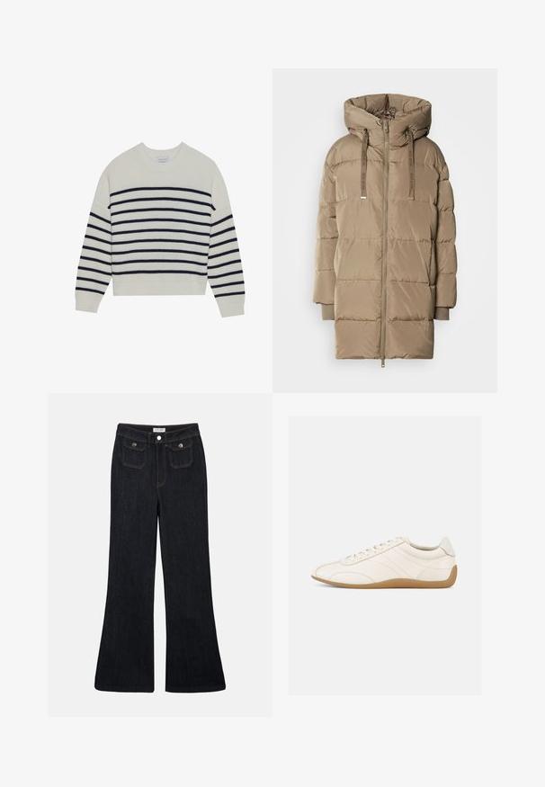 Manteau matelassé à capuche en beige clair avec une fermeture éclair à l'avant et un cordon de serrage ajustable. Présente un design matelassé en sections et des poignets côtelés.; Pull créme avec des rayures horizontales navy, texture côtelée, col rond et manches longues. Coupe décontractée avec un design court.; Jeans en denim foncé évasés avec une taille haute, deux poches avant et des coutures orange. Le matériau semble robuste et lisse.; Baskets en cuir blanc à texture lisse, bout arrondi et coutures ton sur ton. Elles comportent une semelle en caoutchouc beige et une fermeture à lacets.