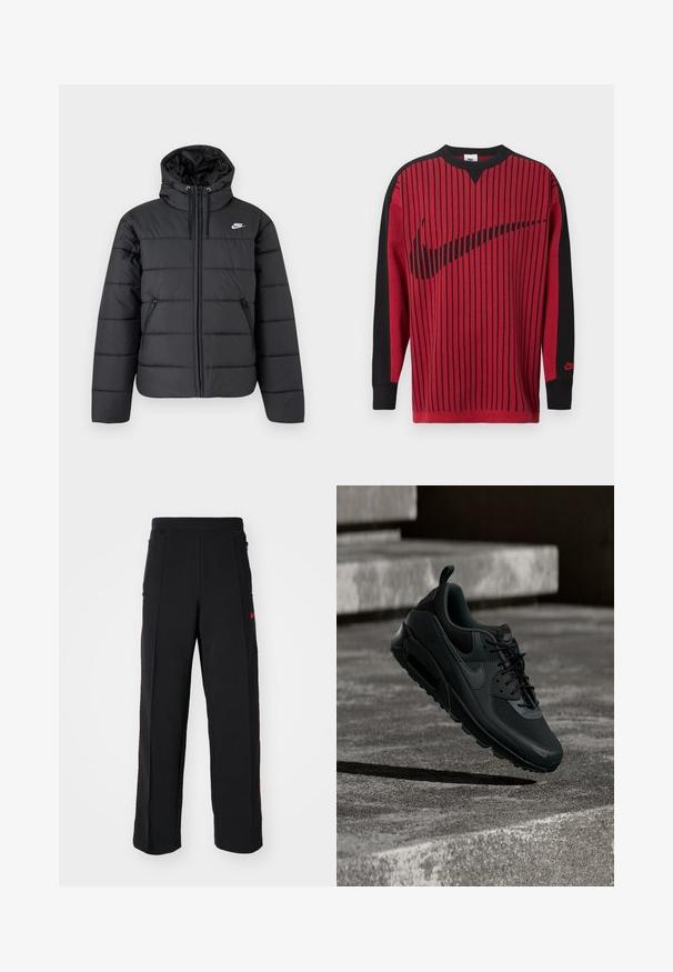 Čierna prešívaná približná bunda Nike s kapucňou, predným zipsom, dvoma bočnými vreckami so zipsom a bielym logom Nike na hrudi.; Červená pletená mikina s čiernymi vertikálnymi pruhmi, čiernymi rukávmi a čiernym logom Nike. Má okrúhly výstrih a rebrované manžety.; Čierne tepláky so voľným strihom, ktoré majú červené akcenty a vrecká po stranách. Materiál vyzerá mäkko a má hladkú textúru.; Čierna teniska Nike Air Max zavesená vo vzduchu nad štruktúrovanou betónovou podlahou s betónovými schodmi v pozadí.