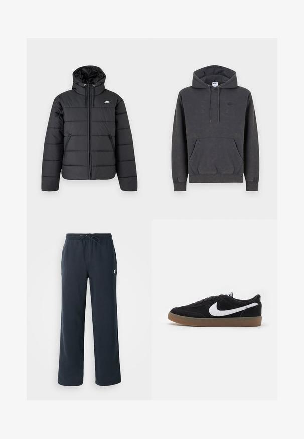 Chaqueta acolchada negra Nike con capucha, cierre frontal, dos bolsillos laterales con cremallera y logo blanco de Nike en el pecho.; Sudadera con capucha Nike de color gris oscuro con bolsillo tipo canguro en la parte delantera, capucha con cordón ajustable, puños acanalados y un sutil logo bordado en el lado izquierdo del pecho.; Pantalones de chándal azul marino oscuro con cintura elástica y cordón. Hechos de tela suave, presentan un pequeño logo blanco en la cadera izquierda.; Zapatillas de skate de ante negro con el logotipo de Nike en blanco, puntera redonda y suela de goma. Presentan un diseño con cordones planos y un collar acolchado.