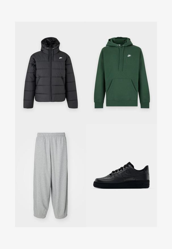 Mustast tikanditega Nike sulejope kapuutsiga, ees lukuga, kaks lukuga küljetaskut ja valge Nike logo rinnal.; Tume roheline kapuutsiga pusajakk esikotiga, paelaga kapuuts ja väike valge Nike logo vasakul rinnal.; Heledad hallid, lõdva istuvusega treeningpüksid, mis on valmistatud pehmest kangast. Elastsest materjalist vöökoht ja soonikud pahkluude juures. Lihtne ja kaunistusteta disain.; Mustad Nike Air Force 1 tossud musta sileda nahast, perforatsioonidega varvas hingavuse tagamiseks, mustad paelad ja tekstureeritud kummitald.