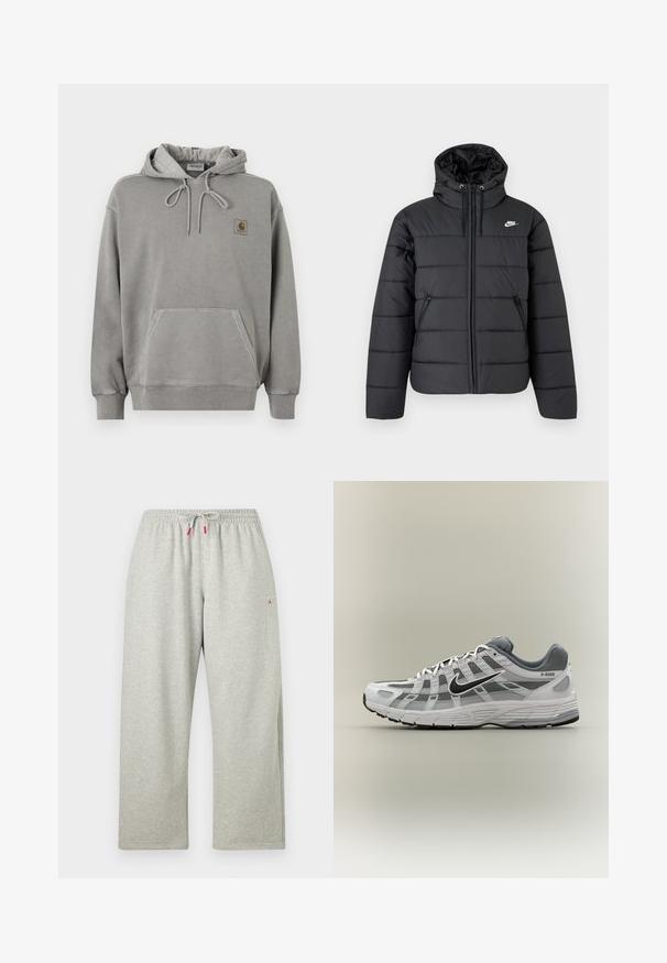 Μαύρο καπιτονέ μπουφάν Nike με κουκούλα, μπροστινό φερμουάρ, δύο πλαϊνές τσέπες με φερμουάρ και λευκό λογότυπο Nike στο στήθος.; Ανοιχτό γκρι φούτερ Carhartt με κουκούλα, μπροστινή τσέπη καγκουρό, κορδόνι στην κουκούλα, ριμπ μανσέτες και μικρό λογότυπο της μάρκας στο στήθος.; Ανοιχτό γκρι, άνετη φόρμα με ελαστική μέση και λευκό κορδόνι με κόκκινες άκρες, με μικρό κόκκινο λογότυπο στο πάνω μέρος του μηρού.; Άσπρο και γκρι αθλητικό παπούτσι Nike P-6000 με μαύρο λογότυπο swoosh, πάνελ από δίχτυ και υφή στη σόλα, εμφανισμένο σε προφίλ πλάι σε ουδέτερο φόντο.