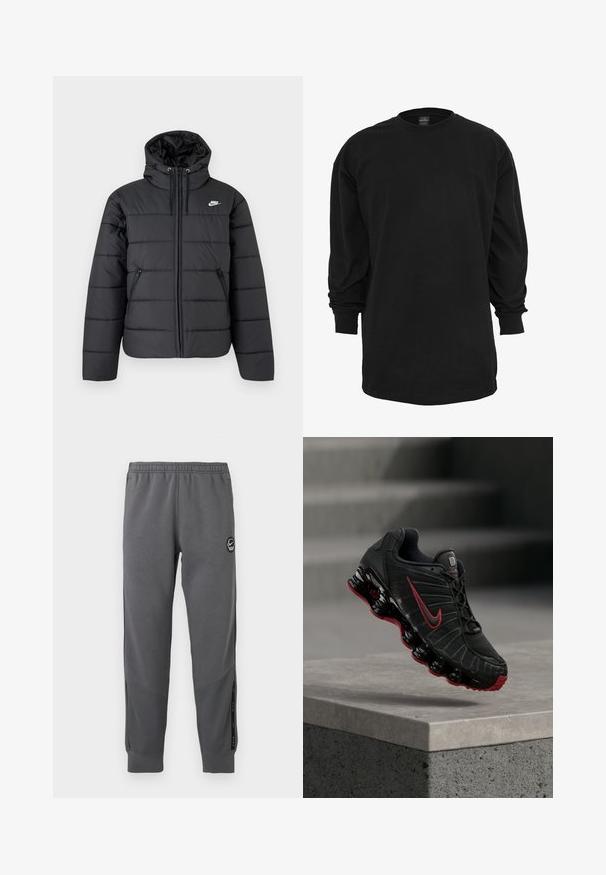 Schwarze, gesteppte Nike Daunenjacke mit Kapuze, Frontreißverschluss, zwei seitlichen Reißverschlusstaschen und weißem Nike-Logo auf der Brust.; Langärmliges schwarzes T-Shirt aus Baumwolle. Hat einen runden Ausschnitt und eine normale Passform. Glatte Textur ohne sichtbare Muster oder Akzente.; Graue Sweatpants aus weichem Stoff mit einem elastischen Bund, schmal zulaufenden Beinen, Seitenpaneelen und einem runden Logo-Patch.; Schwarzer und roter Nike-Sportschuh mit sichtbarer federartiger Sohle, der auf der Kante einer Betonstufe balanciert.