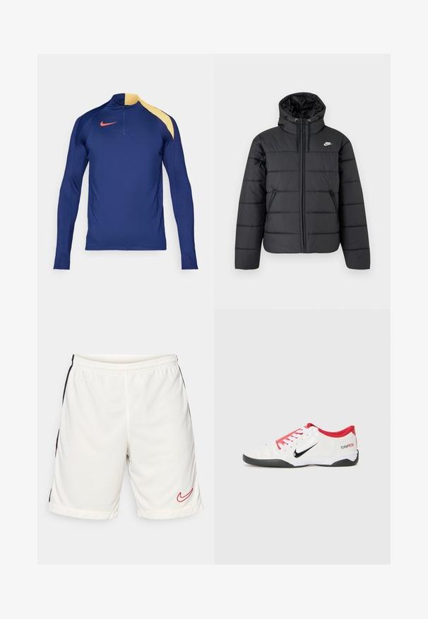 Čierna prešívaná približná bunda Nike s kapucňou, predným zipsom, dvoma bočnými vreckami so zipsom a bielym logom Nike na hrudi.; Námornícky modrý športový top s dlhým rukávom, žltým akcentom na pleci, polovičným zipom na golieri a červeným logom Nike swoosh na hrudi.; Biele športové šortky vyrobené z hladkej tkaniny s čiernym bočným pruhom a červeným logom Nike na dolnom ľavom leme. Obsahujú elastický pás.; Biele atlétske topánky s červenými akcentmi, čiernym logom Swoosh a textúrovaným dizajnom. Majú biele šnúrky a čiernu podrážku. Text znie "total90."