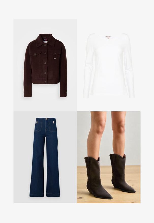 Burgunderfarbene verkürzte Jacke aus Wollmischung mit Kragen, Knopfverschluss, zwei Brusttaschen und dezenter Markenstickerei.; Anna Field Langarmshirt - white; Dunkelblaue, weit geschnittene Jeans mit hoher Taille, goldenen Knopf-Akzenten, zwei Taschen vorne und hinten sowie kontrastierenden Nähdetails. Texturiertem Denim-Stoff.; Pavement NIKKI - Cowboy-/Bikerboot - brown