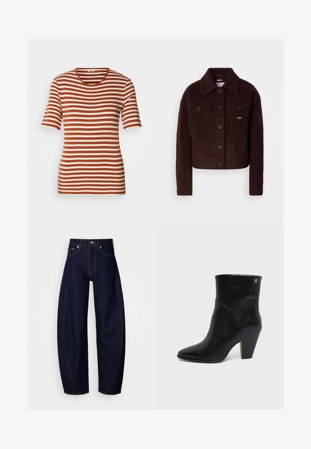 Veste courte bordeaux en mélange de laine, avec un col, une fermeture à boutons, deux poches poitrine et une broderie discrète de la marque.; T-shirt rayé présentant des couleurs rouille et crème alternées, à manches courtes, un col rond et un tissu doux et texturé.; Jean en denim bleu foncé à coupe ample, avec une taille haute, des surpiqûres orange, un design classique à cinq poches et une fermeture à bouton.; Bottine en cuir noir à bout pointu, talon carré et petit logo doré près du bord supérieur sur le côté extérieur.