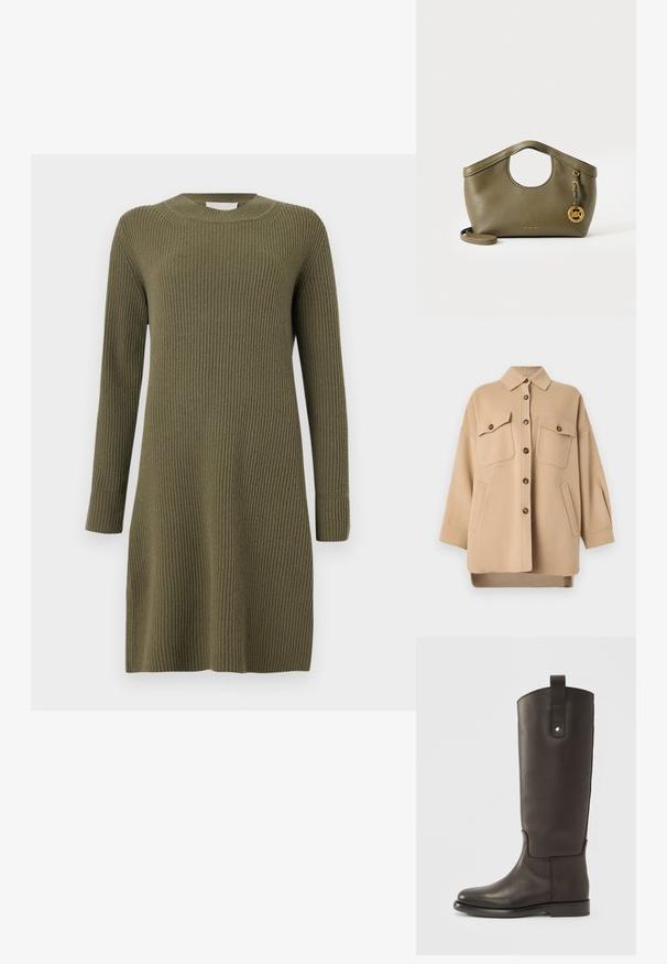 Beige uldjakke med lange ærmer, to brystlommer med knaplem, to sidelommer, knaplukning foran og krave.; CLOSED CREW NECK DRESS LONG SLEEVE - Strikkjoler - forest green; Høje, mørkebrune læderstøvler med en glat finish, rundet tå og en kontrastfarvet brun detalje. Har en sidelås med en metaltryksnap.; Olivengrøn læderhåndtaske med rund udskåret hank, gyldent MK-logo vedhæng og aftagelig skulderrem på hvid baggrund.
