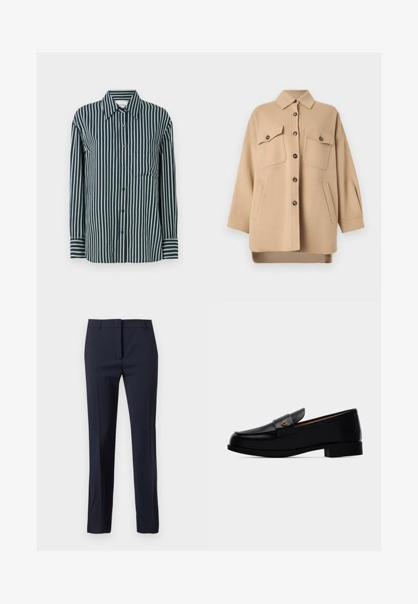 Veste en laine beige à manches longues, deux poches poitrine avec rabats à boutons, deux poches latérales, fermeture boutonnée sur le devant et col.; Chemise boutonnée avec des rayures verticales bleu marine et vert clair, col classique, manches longues et une poche poitrine unique. Fabriquée en tissu lisse.; Pantalon droit sur mesure bleu marine avec passants pour ceinture et fermeture éclair à l'avant sur fond blanc.; Mocassin en cuir noir à talon bas avec une décoration en forme de cœur doré sur la bride, présenté de profil sur un fond neutre.