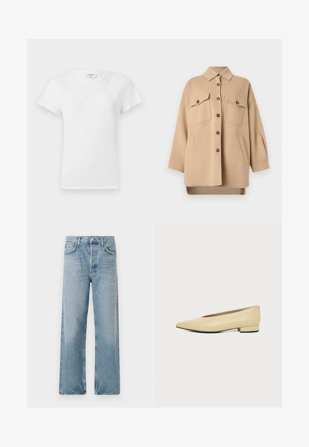 Veste en laine beige à manches longues, deux poches poitrine avec rabats à boutons, deux poches latérales, fermeture boutonnée sur le devant et col.; T-shirt en coton blanc avec un col rond et des manches courtes, présentant une coupe décontractée et un design minimaliste. Étiquette visible au niveau du cou.; Jeans en denim bleu clair avec une taille haute, une coupe évasée et un design à cinq poches. Comprend une fermeture à boutons et un léger décoloré.; Chaussure femme en cuir beige avec talon bas, bout pointu et design minimaliste, présentée de profil sur un fond uni.