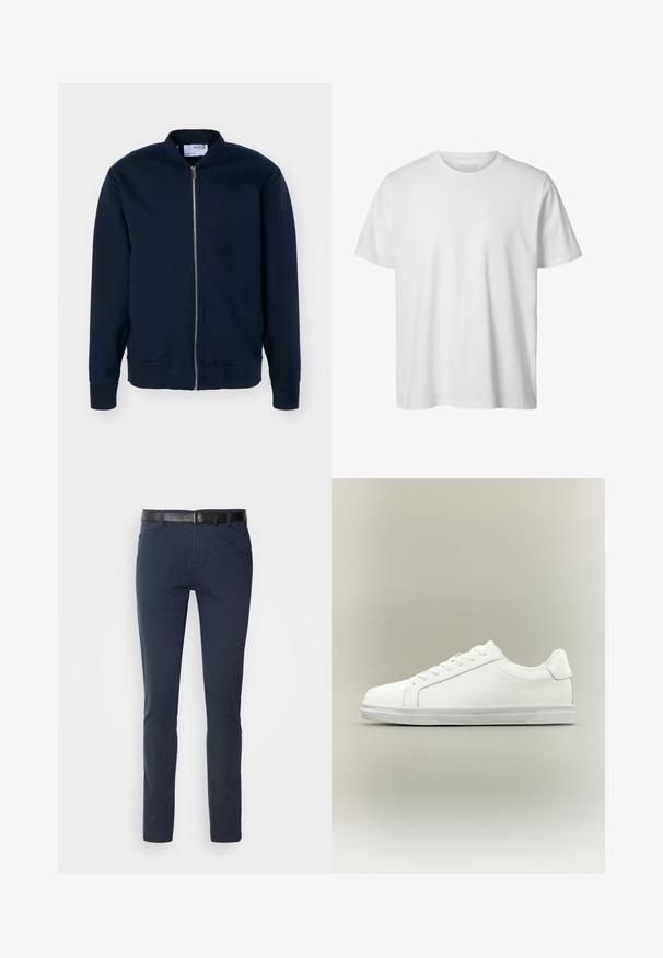 Marineblå bomberjakke i blødt stof, med lynlås foran, opretstående krave og ribbede manchetter og kant. Minimalistisk design uden mønstre.; Enkelt hvid T-shirt med korte ærmer og rund hals, løs pasform og uden synlige logoer eller designs foran.; Marineblå bomuldsbukser med slim fit, udstyret med et struktureret sort læderbælte og klassiske lommer. Rent design, uden mønstre.; Lavtop hvid sneaker med snørelukning foran og tekstureret gummisål mod en ensartet neutral baggrund.