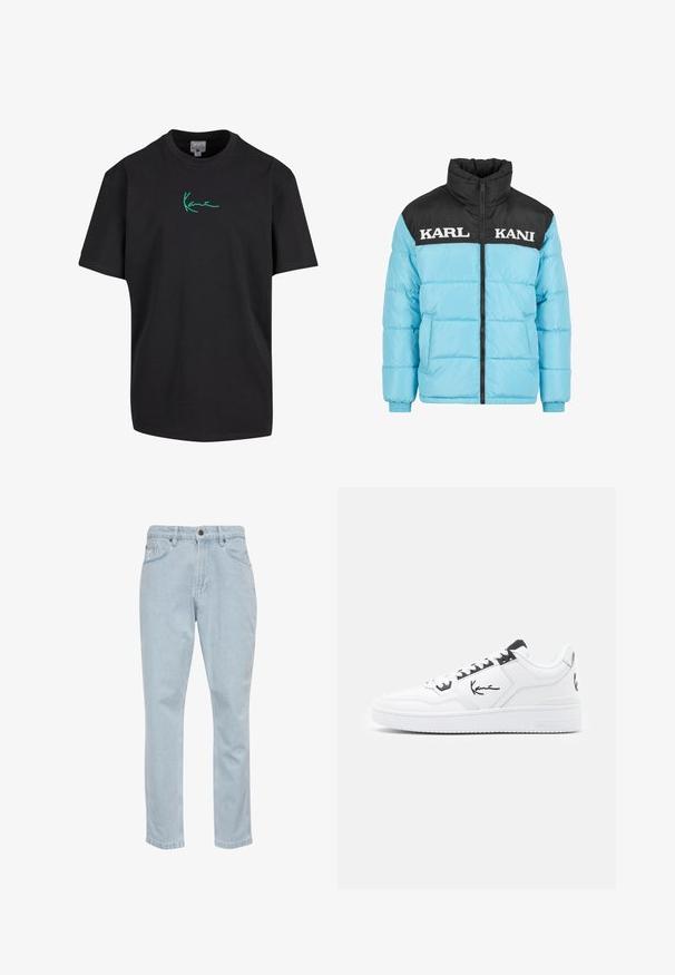 Puffervest med en lys blå krop og sort øverste del, der har hvid tekst "KARL KANI", frontlynlås og elastiske manchetter.; Sort bomulds T-shirt med korte ærmer og rund hals. Har grøn "Kanye" signatur grafik foran. Ensfarvet bagpå og afslappet pasform.; Lyseblå denimjeans med lige ben, fem lommer og metalknaplukning. Glat tekstur og let falmede detaljer.; Hvide lædersneakers med sorte detaljer, der har et signaturlogo på siden, rund tå og tekstureret gummisål.