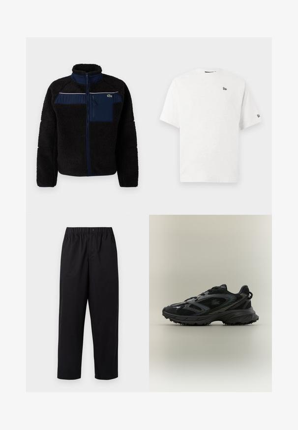 Zwarte fleece jas met marineblauwe accenten, hoge kraag, een ritssluiting op de borst en witte piping over de borst. Gestructureerde, warme stof.; Witte katoenen t-shirt met korte mouwen, een ronde hals en een klein zwart logo op de linker borst en de rechter mouw.; Zwarte, wijde broeken met een elastische tailleband en een enkele knoop. Gemaakt van een gladde, lichte stof. Rechte zoom.; Zwarte sportieve schoen met meshpanelen, een gestructureerde zool, veters en een gebogen silhouet met zilveren accenten aan de zijkanten.