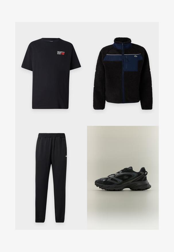 Zwarte fleece jas met marineblauwe accenten, hoge kraag, een ritssluiting op de borst en witte piping over de borst. Gestructureerde, warme stof.; Zwarte katoenen t-shirt met een ronde halslijn. Heeft een klein rood en wit 'New Balance' logo en tekst op de bovenste linkerkant van de borst.; Zwarte sportbroeken van zachte stof, met een elastische tailleband, twee zijzakken en een boord aan de onderkant voor een strakke look.; Zwarte sportieve schoen met meshpanelen, een gestructureerde zool, veters en een gebogen silhouet met zilveren accenten aan de zijkanten.