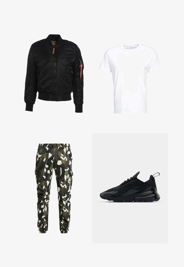 Schwarze Bomberjacke mit glattem Nylon-Außenmaterial, gerippten Bündchen und Saum sowie einem Frontreißverschluss. Verfügt über eine Seitentasche und ein rotes Stoffetikett.; Weißes Baumwoll-T-Shirt mit rundem Ausschnitt und kurzen Ärmeln, im klassischen Schnitt und mit glatter Textur. Keine sichtbaren Muster oder Hardware.; Tarnfarbene Cargo-Hosen in Grün, Braun und Weiß. Features eine schmal zulaufende Passform, mehrere Taschen und elastische Bündchen an den Knöcheln.; Schwarzer Nike Air Max 270 Sneaker mit strukturiertem Obermaterial, Mesh-Einsätzen und einer glänzenden Ferse mit einer auffälligen Luftpolsterungseinheit.