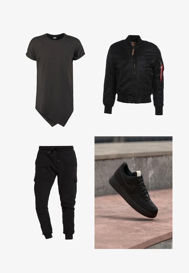 Μαύρο bomber jacket με λείο νάιλον εξωτερικό, ριμπ μανσέτες και στρίφωμα, και εμπρόσθιο φερμουάρ. Διαθέτει μια πλευρική τσέπη και μια κόκκινη υφασμάτινη ετικέτα.; Μαύρη κοντομάνικη μπλούζα με γυριστά μανίκια και ασύμμετρο μυτερό τελείωμα μπροστά.; Μαύρο βαμβακερό παντελόνι joggers με στενή απαλή εφαρμογή, ρυθμιζόμενη μέση με κορδόνι και πλάγιες τσέπες cargo. Απαλή υφή και ελαστικές μανσέτες στους αστραγάλους.; Μαύρο αθλητικό παπούτσι Nike Air Force 1 που αιωρείται πάνω από μια ροζ τσιμεντένια ακμή με γκρι πέτρινο φόντο, δείχνοντας λεπτομέρειες από το πλάι και από πάνω.