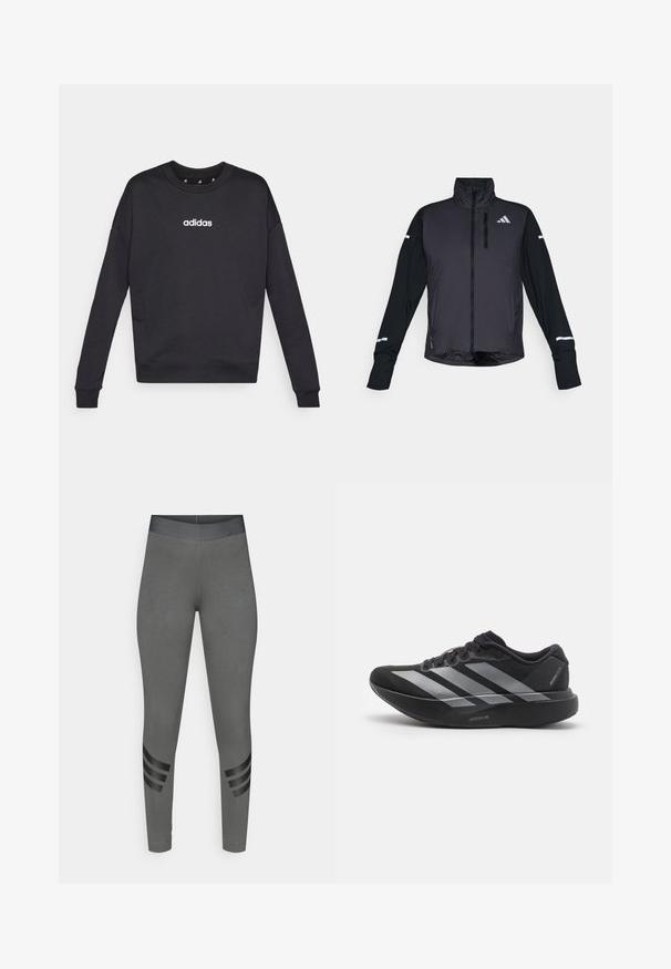 Mustmust mustrideer kõrge krae, esiosa lukuga ja pikaa varrukaga. Omab läikivat esipaneeli, kontrastset mattmustmust ning peegeldavaid detaile.; Mustad must Adidas särk pikal varrukatega, ümmarguse kaelusega ja valge logoga rinnal. Valmistatud pehmest kangast, millel on soonikkoes varrukaotsad ja alläär.; Hallid retuusid, millel on sile pind, kõrge elastne vöökoht ja mustade triipudega detailid sääre alumisel osal.; Must mustusjalats, millel on hõbedased triibud, paks pehmendusega tald, millel on kiri "Lightstrike Pro," külgvaade valgel taustal.