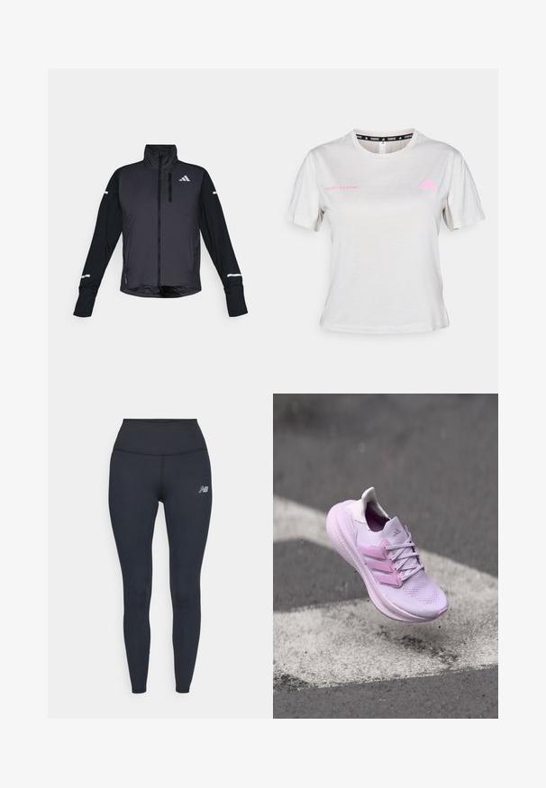 Chaqueta deportiva negra con cuello alto, cremallera frontal y mangas largas. Presenta un panel frontal brillante, mangas mates en contraste y acentos reflectantes.; Camiseta de manga corta gris claro con cuello redondo, con la inscripción "ADIDAS RUNNING" en rosa y el logo de Adidas en rosa en el pecho. Tejido de textura suave.; Leggings negros de talle alto hechos de material elástico, con un diseño elegante y un pequeño logo reflectante en el muslo.; Zapatilla deportiva de color púrpura claro con parte superior de malla, detalles en rosa y cordones blancos, con una suela acolchada. En el aire sobre una superficie pintada.
