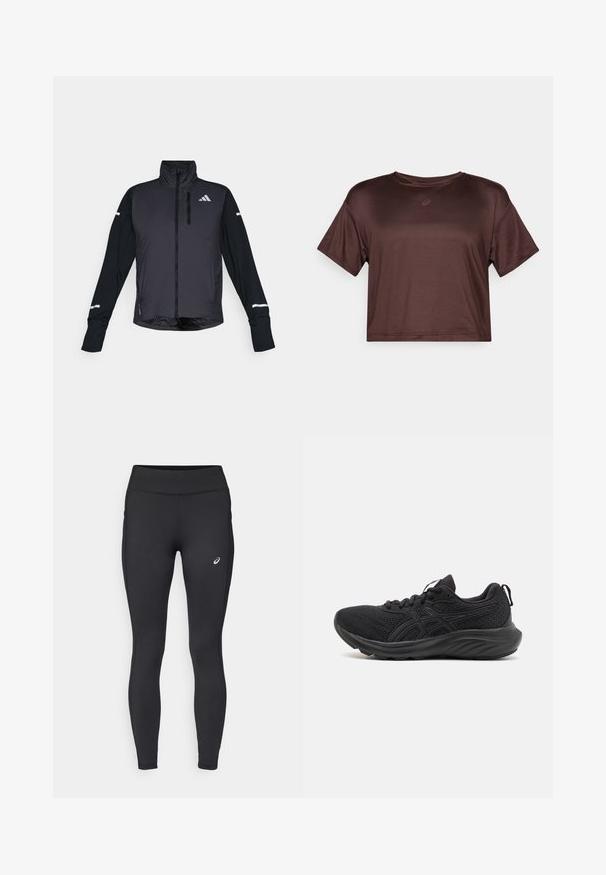 Sort atletisk jakke med høj krave, frontlynlås og lange ærmer. Har en blank forsidedel, kontrasterende matte ærmer og reflekterende detaljer.; Kortærmet, cropped, brun atletisk top lavet af glat, let stof med en subtil glans og et lille logo på brystet.; ASICS CORE WINTER - Vinter-tights - performance black; Sorte atletiske sko med en åndbar mesh-overdel, struktureret sål, rund tå og en tekstureret overflade. Har sorte snørebånd og logodetaljer.