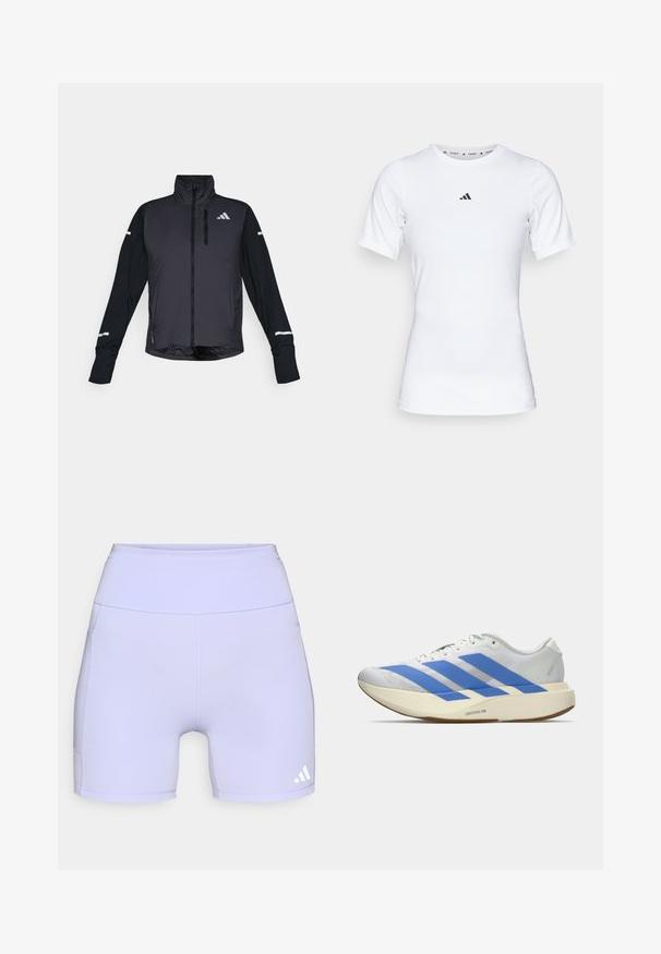Zwarte sportjack met een hoge kraag, rits aan de voorkant en lange mouwen. Voorzien van een glanzend voorpaneel, contrasterende matte mouwen en reflecterende accenten.; Witte sportshirt met korte mouwen, gemaakt van zachte, rekbare stof. Voorzien van een klein zwart Adidas-logo op de borst.; Lilac sportieve shorts gemaakt van rekbare stof, met een hoge tailleband en zijnaht, voorzien van een witte logo-accent aan de onderzijde.; Witte hardloopschoen met drie blauwe strepen, lichtbeige dikke zool met label "Lightstrike Pro," en witte veters op een effen achtergrond.
