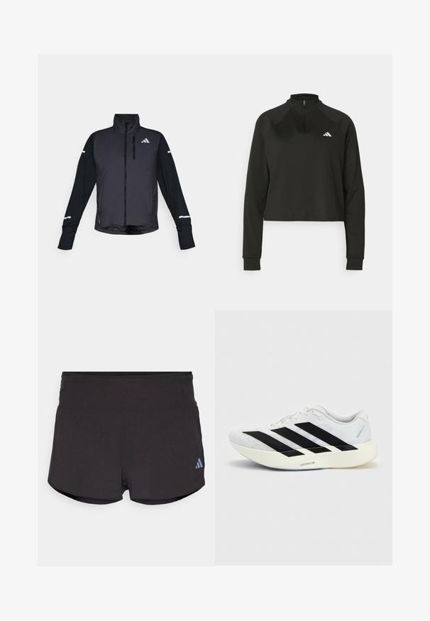 Zwarte sportjack met een hoge kraag, rits aan de voorkant en lange mouwen. Voorzien van een glanzend voorpaneel, contrasterende matte mouwen en reflecterende accenten.; Zwarte quarter-zip pullover van gladde stof met lange mouwen, voorzien van een hoge kraag en een wit logo op de linkerborst.; Zwarte sportshorts met een gematteerde afwerking, voorzien van een brede tailleband en een Adidas-logo in lichtblauw aan de onderzijde links.; Witte hardloopschoen met zwart drie-strepen ontwerp aan de zijkant en dikke witte zool met label "Lightstrike Pro" op een effen achtergrond.