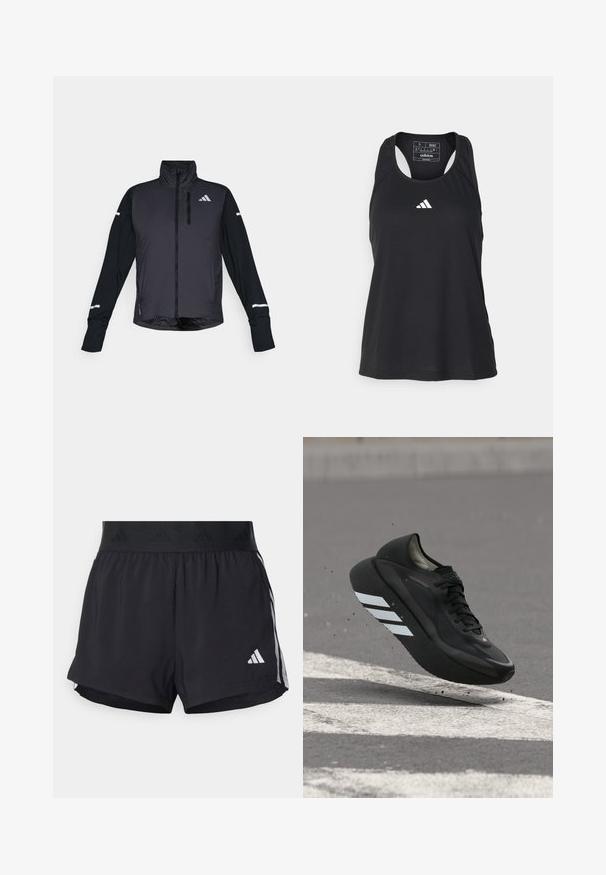 Sort atletisk jakke med høj krave, frontlynlås og lange ærmer. Har en blank forsidedel, kontrasterende matte ærmer og reflekterende detaljer.; Sort ærmeløs atletisk tanktop med rund halsudskæring og hvidt logo på brystet. Fremstillet af et glat, let materiale.; Sorte sport shorts med elastisk talje, der har et tekstureret bånd, sidestreger og et hvidt Adidas-logo på den nederste kant.; Sort løbesko med hvide striber på sålen, svævende over asfalt med hvide vejstriber og slynter små stykker op.