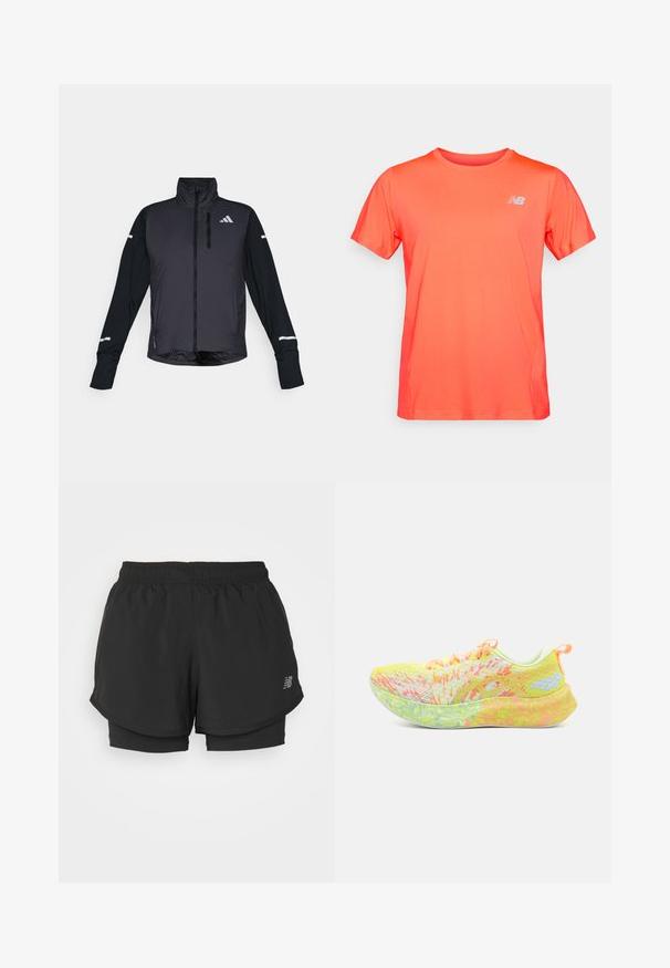 Chaqueta deportiva negra con cuello alto, cremallera frontal y mangas largas. Presenta un panel frontal brillante, mangas mates en contraste y acentos reflectantes.; Camiseta atlética de manga corta en un vibrante color naranja con un pequeño logotipo blanco de New Balance en el lado izquierdo del pecho, presentada sobre un fondo sencillo.; Pantalones cortos deportivos negros con una cintura elástica, que presentan un diseño en capas y un forro interior. La tela parece ligera y suave.; ASICS NOOSA TRI 16 - Zapatillas running asfalto - safety yellow/cool matcha