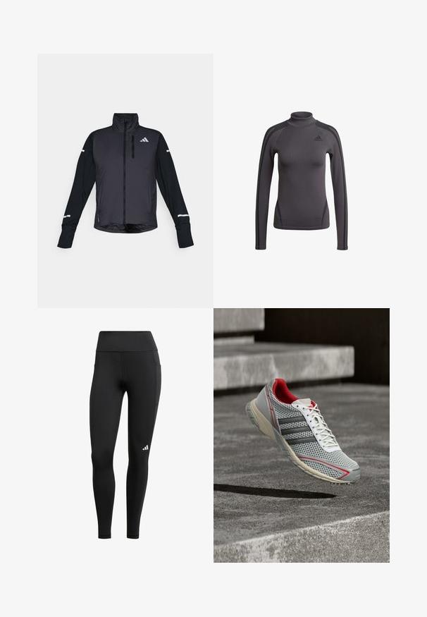 Veste de sport noire avec un col haut, une fermeture éclair à l'avant et des manches longues. Présente un panneau avant brillant, des manches mates contrastantes et des accents réfléchissants.; Haut gris à manches longues avec un col montant, en tissu texturé avec des bandes noires d'accent sur les épaules, arborant un logo Adidas sur la poitrine.; Leggings de sport noirs avec une taille haute, fabriqués en tissu extensible ; dotés d'une poche latérale et d'un petit logo blanc près de l'ourlet.; Chaussure de sport grise avec une tige en mesh, une doublure intérieure rouge, des lacets blancs et trois bandes noires. Semelle gris clair avec des accents rouges.