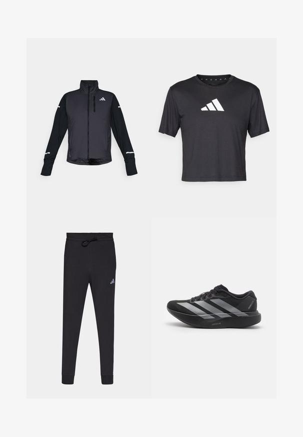 Zwarte sportjack met een hoge kraag, rits aan de voorkant en lange mouwen. Voorzien van een glanzend voorpaneel, contrasterende matte mouwen en reflecterende accenten.; Zwarte cropped t-shirt van gladde stof, met een witte Adidas-logo op de borst, ronde halslijn en korte mouwen.; Zwarte sportbroek van zacht materiaal, met een tailleband met trekkoord, taps toelopende benen en een klein wit Adidas-logo op de linkerdij.; Zwarte hardloopschoen met zilveren strepen, dikke gedempte zool met het label "Lightstrike Pro," zijaanzicht op witte achtergrond.