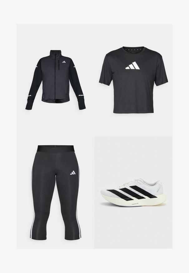 Zwarte sportjack met een hoge kraag, rits aan de voorkant en lange mouwen. Voorzien van een glanzend voorpaneel, contrasterende matte mouwen en reflecterende accenten.; Zwarte cropped t-shirt van gladde stof, met een witte Adidas-logo op de borst, ronde halslijn en korte mouwen.; Zwarte capri leggings met een brede tailleband, voorzien van witte zijkanten en een wit Adidas logo op de linker dij. Glad textuur.; Witte hardloopschoen met zwart drie-strepen ontwerp aan de zijkant en dikke witte zool met label "Lightstrike Pro" op een effen achtergrond.