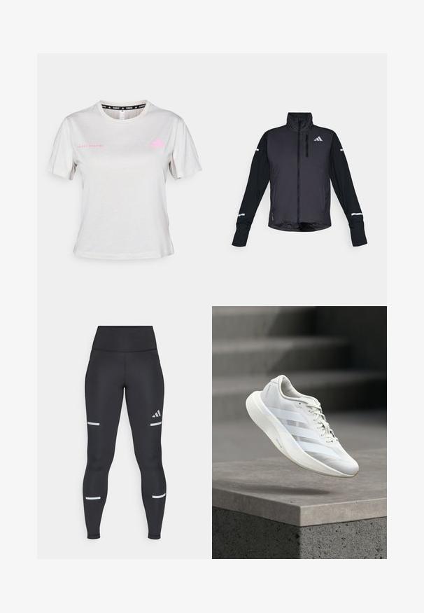 Schwarze Sportjacke mit hohem Kragen, Frontreißverschluss und langen Ärmeln. Verfügt über ein glänzendes Vorderteil, kontrastierende matte Ärmel und reflektierende Akzente.; Hellgraues kurzärmliges T-Shirt mit Rundhalsausschnitt, bedruckt mit "ADIDAS RUNNING" in Pink und pinkem Adidas-Logo auf der Brust. Weicher Stoff.; Schwarze Leggings mit einem hohen Bund, aus glattem Material. Verfügt über weiße reflektierende Streifen in der Nähe der Knie und ein Adidas-Logo.; Weißer Sportschuh mit strukturiertem Obermaterial, drei seitlichen Streifen, gepolsterter Sohle und abgerundetem Zehenbereich, positioniert über einer Betonfläche.
