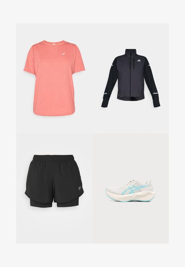 Schwarze Sportjacke mit hohem Kragen, Frontreißverschluss und langen Ärmeln. Verfügt über ein glänzendes Vorderteil, kontrastierende matte Ärmel und reflektierende Akzente.; ASICS ROAD TOP - Sport T-Shirt - dark pink clay; Schwarze Sportshorts mit elastischem Bund, ausgestattet mit einem gestuften Design und einem inneren Futter. Der Stoff wirkt leicht und glatt.; Hellbeiger Laufschuh mit dicker geometrischer Sohle und hellblauen Akzentlinien und Außensohle, seitliche Ansicht auf weißem Hintergrund.