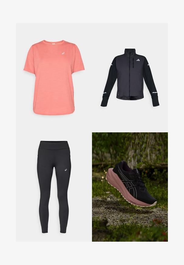 Zwarte sportjack met een hoge kraag, rits aan de voorkant en lange mouwen. Voorzien van een glanzend voorpaneel, contrasterende matte mouwen en reflecterende accenten.; ASICS ROAD TOP - Sport T-shirt - dark pink clay; ASICS CORE WINTER - Winterlegging - performance black; Zwarte en roze hardloopschoen hangend boven grind en mos in een bosrijke buitenomgeving.