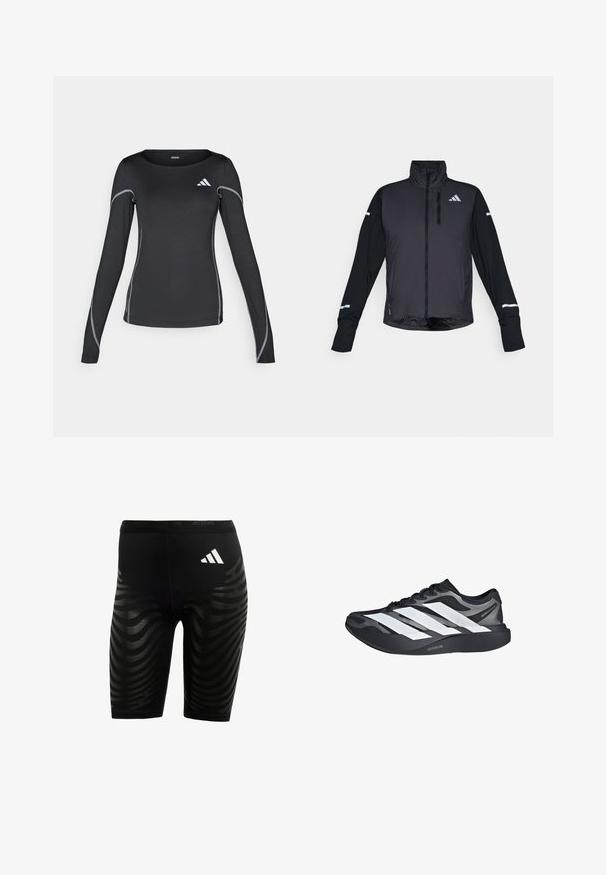Chaqueta deportiva negra con cuello alto, cremallera frontal y mangas largas. Presenta un panel frontal brillante, mangas mates en contraste y acentos reflectantes.; Camisa deportiva de manga larga negra con cuello redondo y costuras reflectantes en plata. Presenta un pequeño logo blanco en la parte superior izquierda.; Pantalones cortos deportivos negros con un diseño texturizado que presenta franjas onduladas. Logo blanco en la cintura, fabricados con material que absorbe la humedad.; Zapatilla de correr negra y gris con tres grandes rayas blancas en el lateral y suela gruesa negra etiquetada como "Lightstrike Pro".