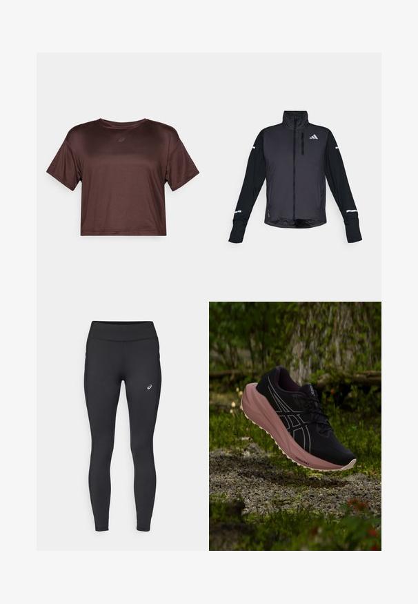 Schwarze Sportjacke mit hohem Kragen, Frontreißverschluss und langen Ärmeln. Verfügt über ein glänzendes Vorderteil, kontrastierende matte Ärmel und reflektierende Akzente.; Kurze ärmels, cropped, brauner Sportoberteil aus glattem, leichtem Stoff mit einem subtilen Glanz und einem kleinen Logo auf der Brust.; ASICS CORE WINTER - Winter-Tights - performance black; Schwarzer und pinker Laufschuh schwebt über Kies und Moos in einer Waldumgebung im Freien.