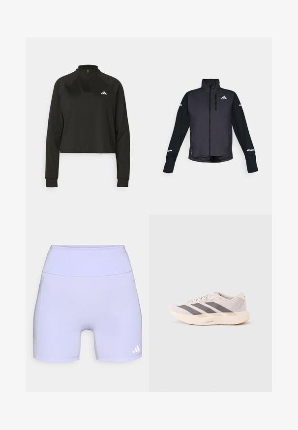 Chaqueta deportiva negra con cuello alto, cremallera frontal y mangas largas. Presenta un panel frontal brillante, mangas mates en contraste y acentos reflectantes.; Sudadera negra de media cremallera hecha de tela suave, con mangas largas, que cuenta con un cuello alto y un logo blanco en el lado izquierdo del pecho.; Shorts deportivos lilas hechos de una tela elástica, con una cintura alta y costuras laterales, y un acento de logo blanco en el lado inferior.; Zapatillas deportivas ligeras en rosa pálido y gris, con una parte superior de malla, tres franjas oscuras y una suela gruesa color crema con la etiqueta "LIGHTSTRIKE PRO".