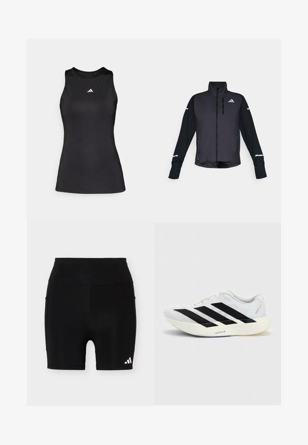 Veste de sport noire avec un col haut, une fermeture éclair à l'avant et des manches longues. Présente un panneau avant brillant, des manches mates contrastantes et des accents réfléchissants.; Débardeur de sport noir sans manches en tissu lisse. Il présente un col rond et un petit logo Adidas blanc sur la poitrine.; Short de sport noir taille haute avec un petit logo Adidas blanc sur la partie inférieure gauche de la jambe et des poches latérales sur un fond uni.; Chaussure de running blanche avec motif trois bandes noires sur le côté et semelle blanche épaisse étiquetée "Lightstrike Pro" sur fond uni.