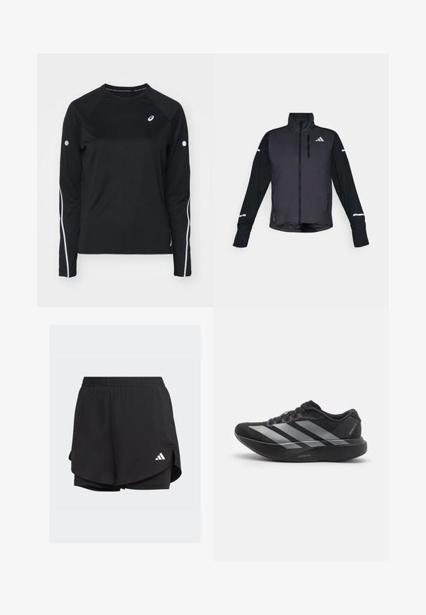 Veste de sport noire avec un col haut, une fermeture éclair à l'avant et des manches longues. Présente un panneau avant brillant, des manches mates contrastantes et des accents réfléchissants.; T-shirt de sport noir à manches longues avec des manches raglan, bandes réfléchissantes blanches sur les côtés et col rond. Présente un petit logo sur la poitrine.; Shorts de sport noirs avec une taille élastique, un design superposé, des shorts ajustés à l'intérieur et un logo blanc en bas à gauche.; Chaussure de course noire avec des rayures argentées, semelle épaisse rembourrée étiquetée "Lightstrike Pro," vue de côté sur fond blanc.