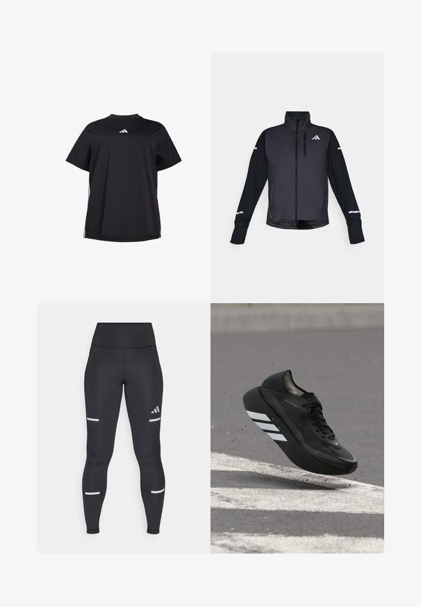 Schwarze Sportjacke mit hohem Kragen, Frontreißverschluss und langen Ärmeln. Verfügt über ein glänzendes Vorderteil, kontrastierende matte Ärmel und reflektierende Akzente.; Schwarzes T-Shirt mit kurzen Ärmeln aus weichem Stoff, ausgestattet mit einem weißen horizontalen Akzent an den Seiten und einem weißen Logo auf der Brust.; Schwarze Leggings mit einem hohen Bund, aus glattem Material. Verfügt über weiße reflektierende Streifen in der Nähe der Knie und ein Adidas-Logo.; Schwarzer Laufschuh mit weißen Streifen auf der Sohle, schwebt über Asphalt mit weißen Straßenmarkierungen und wirbelt kleine Schmutzpartikel auf.