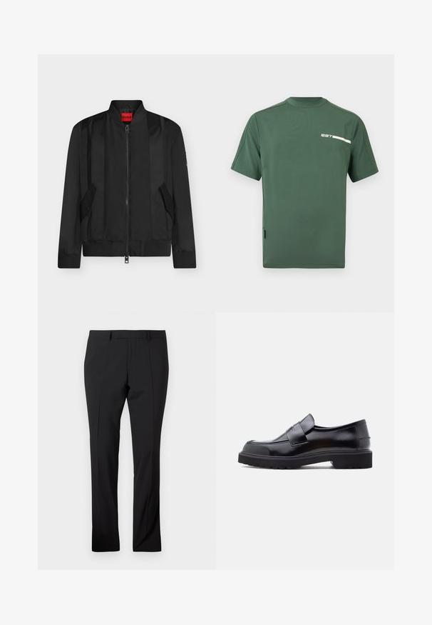 Schwarze Bomberjacke mit Frontreißverschluss, geripptem Kragen, Bündchen und Saum, zwei schrägen Klappentaschen und rotem HUGO Markenlabel innen am Kragen.; Grünes, kurzärmliges Sportshirt mit Mesh-Einsätzen an den Ärmeln und einem kleinen weißen "e27" Logo auf der oberen linken Brust.; Schwarze maßgeschneiderte Hose mit Gürtelschlaufen, vorderer Bügelfalte und geradem Beinaufschnitt auf einem schlichten weißen Hintergrund.; Schwarzer Leder Slipper mit elegantem Design, abgerundeter Schuhspitze und dicker, strukturierten Gummisohle. Mit einem dekorativen Riemen quer über der Vorderseite.