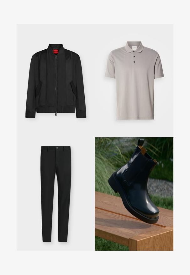 Sort bomberjakke med frontlynlås, ribstrikket krave, manchetter og kant, to skrå klaplommer og rød HUGO-mærke inde i kraven.; Grå kortærmet polo shirt lavet af glat stof, med en klassisk krave og tre sorte knapper. Subtil lodret ribbet mønster gennem hele skjorten.; Sorte slimfit bukser med bæltestropper, knaplukning og forlommer, vist fladt på en lysegrå baggrund.; Sorte læder chelsea støvle med glat finish, elastiske sidepaneler, rund tå og tyk gummisål, placeret ovenfor en træoverflade.