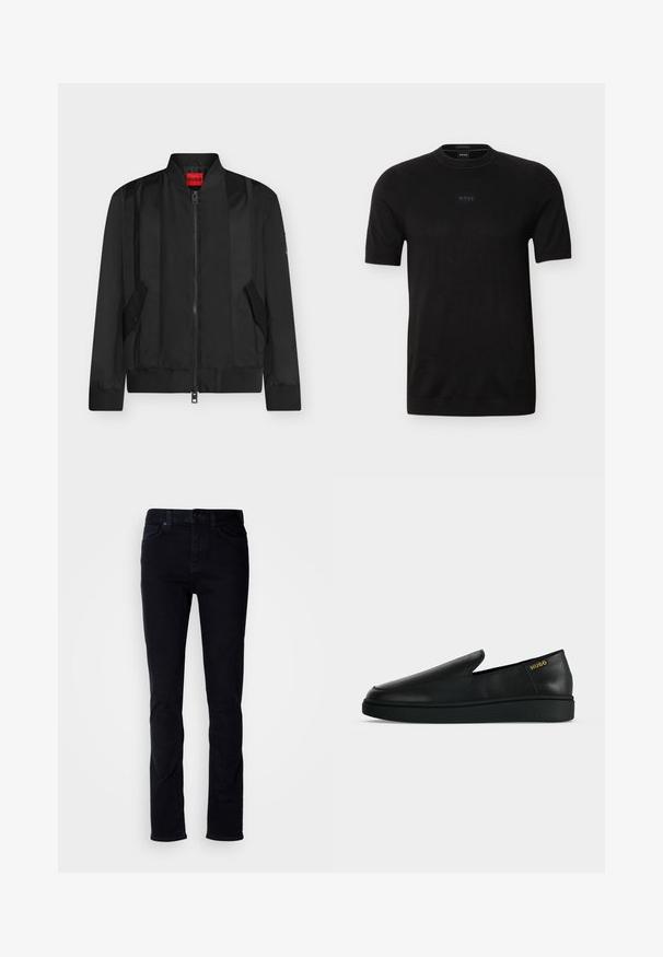 Zwarte bomberjas met rits aan de voorkant, geribde kraag, manchetten en zoom, twee schuine klepzakken en een rood HUGO merklabel binnenin de kraag.; Zwart T-shirt met korte mouwen en ronde hals, met een subtiel "BOSS"-logo in het midden van de borst, gemaakt van fijn gebreide stof.; Zwarte denim jeans met een slim fit, vijf-zakken ontwerp, zichtbare stiksels en een knoopsluiting. Gladde textuur zonder extra patronen.; Enkele zwarte leren instapschoen met dikke zool en goudkleurige "HUGO"-branding nabij de hiel op een effen lichtgrijze achtergrond.